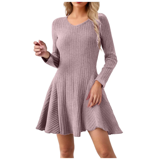 Knitted Mini Dresses Women V Neck Autumn Winter Solid Korean Fashion Vestidos Mujer Elegant Long Sleeve A-Line Women Dress 2025