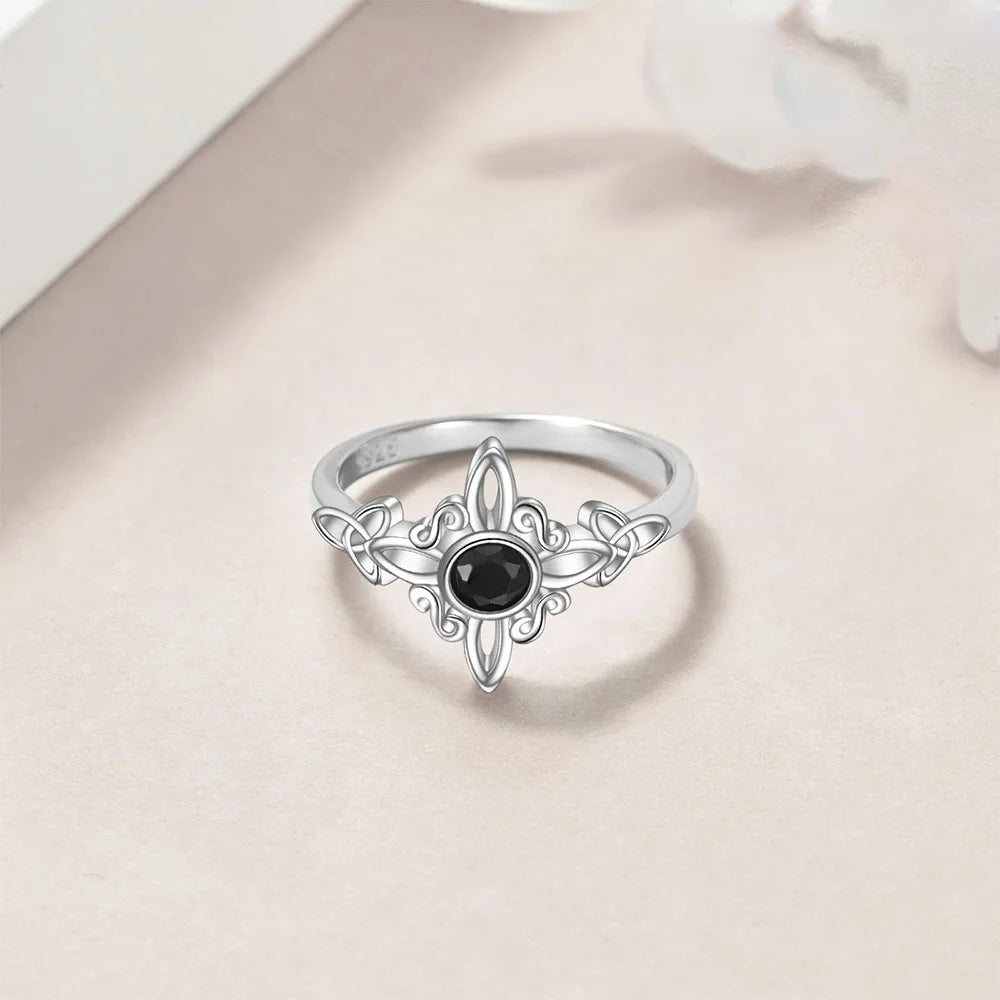 925シルバーメッキ 魔女ノットリング レディース オブシディアン ケルト トリニティノットリング ペイガン ウィッカ クロス ジュエリー 新年ギフト