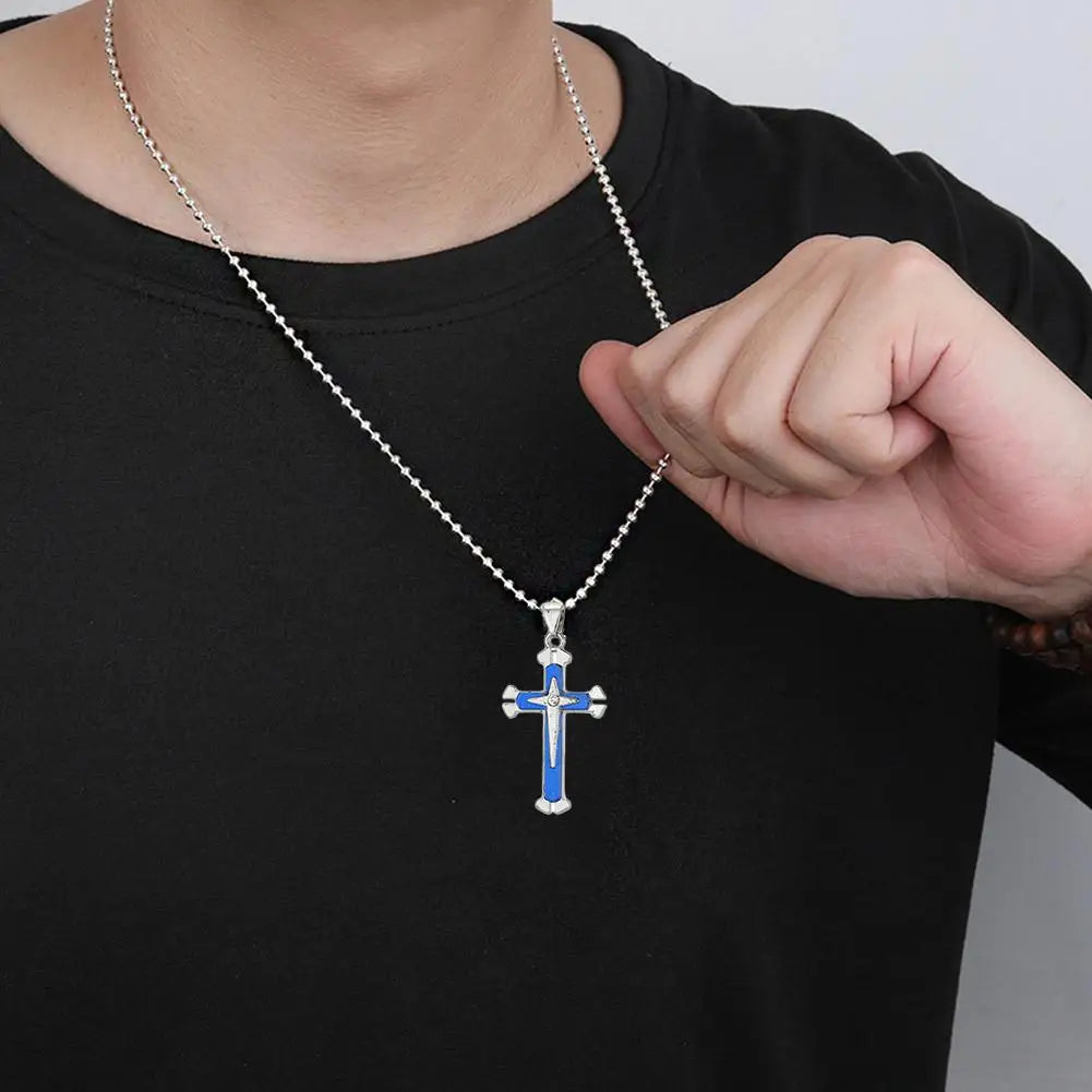 ヴィンテージクロスペンダントネックレス ビーズチェーン付き ジュエリーネックレス ブルー ファッション柄 メンズアクセサリー 合金クロス