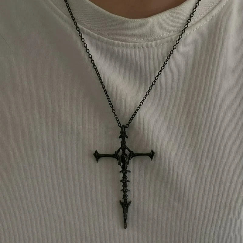 1/2Pcs Unisex Cross Pendant Necklace for Men Women Punk Silver Black Hip Hop Gothic Punk Long Pendant Necklace Jewelry Accessory