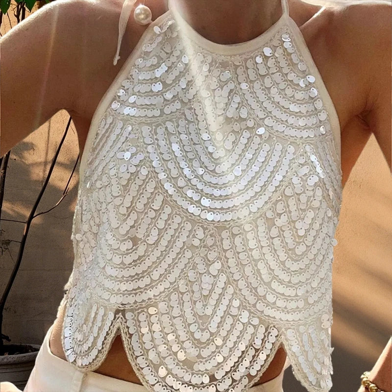 Womens Sequin Halter Tank Top Glitter Sparkly Backless Tie Up Sexy Crop Top Y2k Coquette Sleeveless Club Party Rave Tops Vest