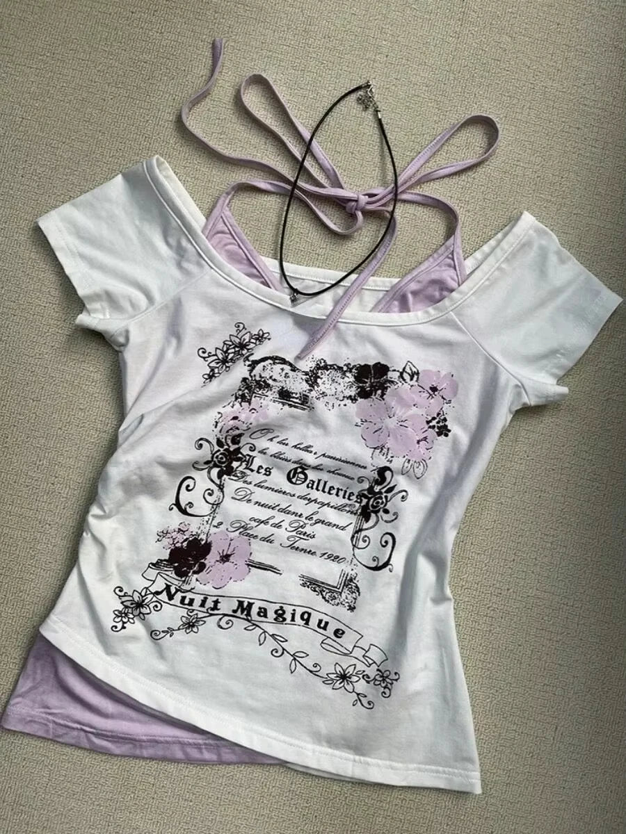 ヴィンテージ 原宿 Vネック バックレス Tシャツ レディース サマー グランジ カジュアル 女性用 Tシャツ パッチワーク Y2K クロップトップ サブカルチャー Tシャツ シック