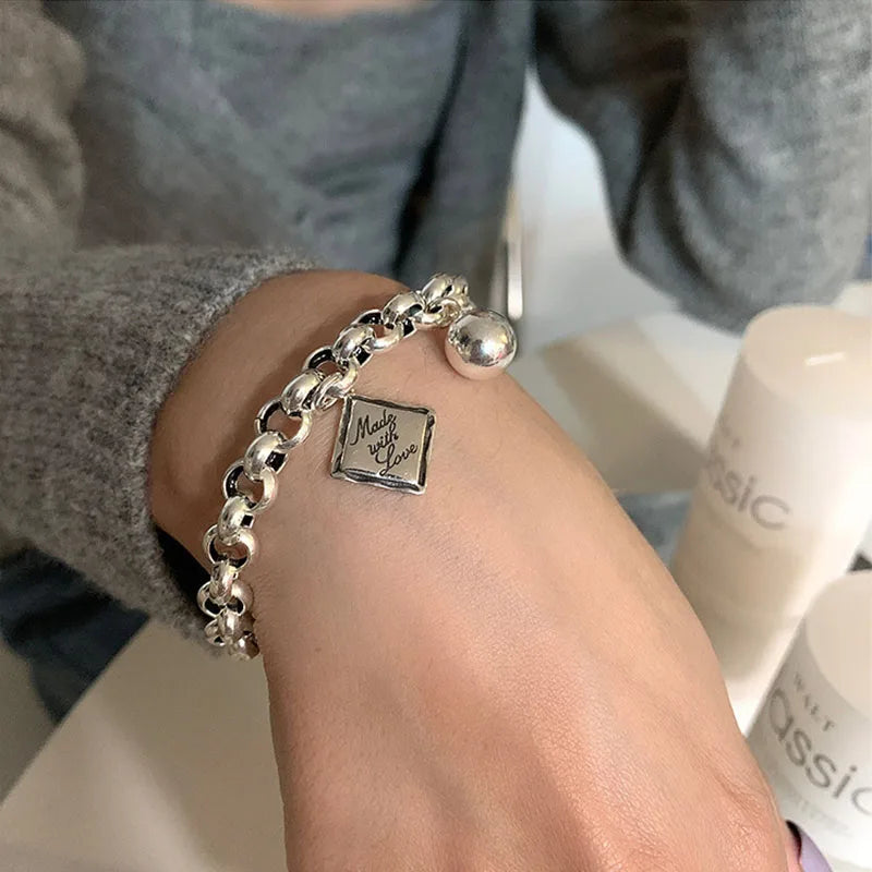925スターリングシルバー イングリッシュスクエアチャームブレスレット レディース ボールヒップホップ タイシルバーブレスレット