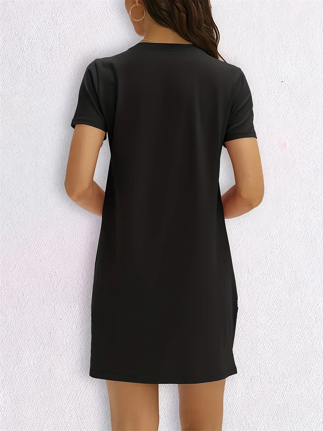 Women'S Casual Knit TShirt Dress with Heart  Print Crew Neck Short Sleeve Fashionable Top Black with Colorful Flag Design