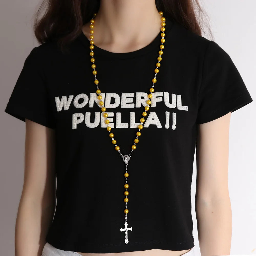 ファッションヴィンテージクロスネックレスロザリオビーズチェーンイエス十字架聖母マリアペンダントチェーンジュエリーネックレス