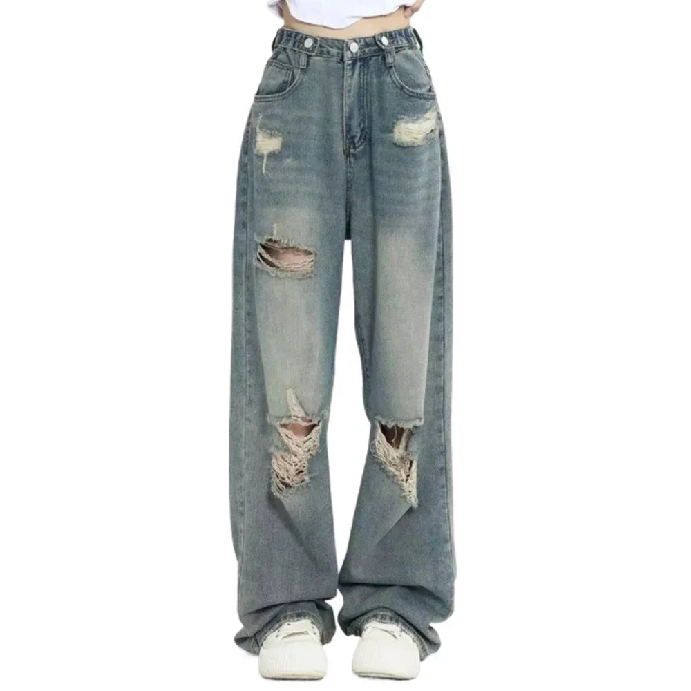 Vintage Hole Y2k Women's Jeans High Waisted Jeans Wide Leg Loose Straight Leg Hip-hop Street Wear Floor Length Denim Pants