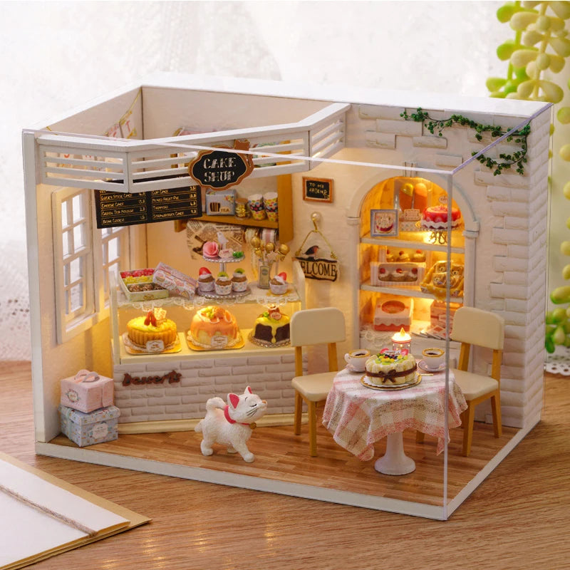 Kitten Mini Doll House Model Building Assembled House Home Kit Creative Room Bedroom Decoration with Furniture Birthday Gifts
