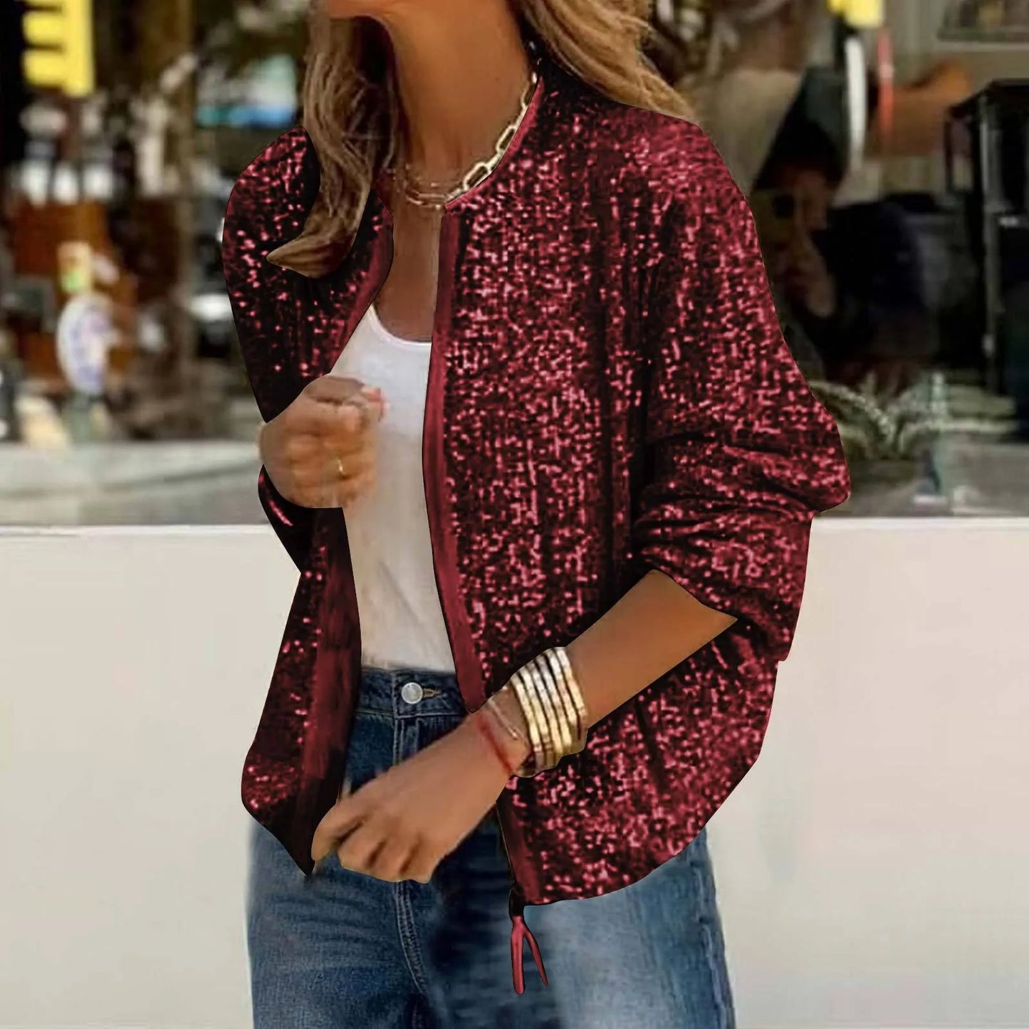 Women Elegant All Zipper Suit Jacket Coat Casual Autumn Spring Glitter Sequins Long Sleeve Stylish Commute Short Cardigan Jacket