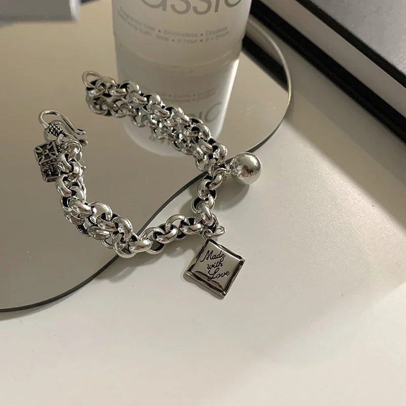 925スターリングシルバー イングリッシュスクエアチャームブレスレット レディース ボールヒップホップ タイシルバーブレスレット