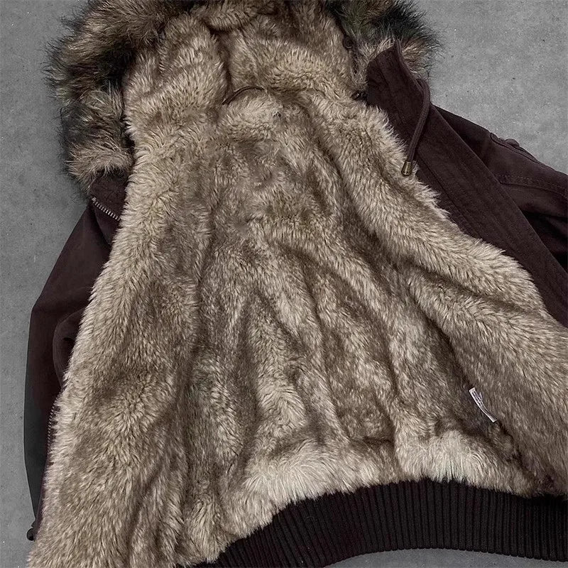 レディース Y2K 冬用パーカージャケット フェイクファーフード付き 暖かいシェルパ裏地 ジップアップ ボンバーコート カジュアルアウター ブラウン プラスサイズ 防風