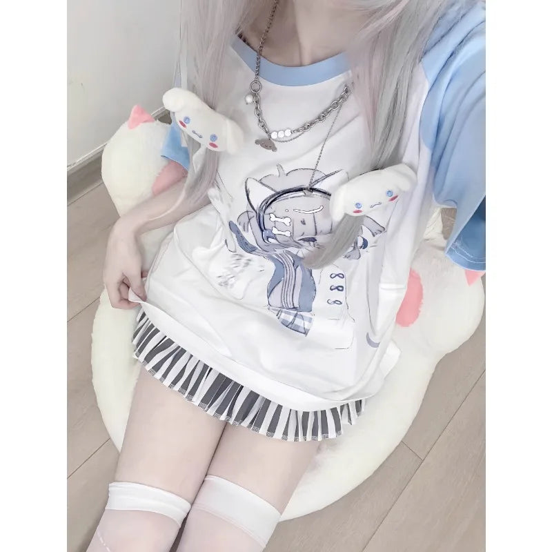 Girls Tees Popular Japanese Harajuku Cute Summer 2024 New Bule Subculture Short-sleeved T-shirt Pulovers Women Short Tops