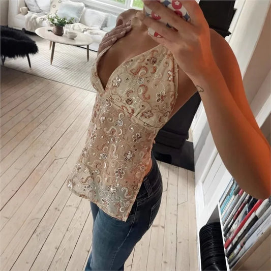 Women Sexy Sequin Embroidery Vest Top See Through Deep V Neck Sleeveless Backless Party Glitter Tanks Summer Slim Y2K Streetwear