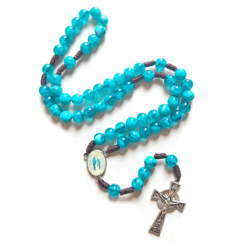 Strand Woven Rosary Necklace For Men Women Cross Pendant Acrylic Beads Religious Jewelry