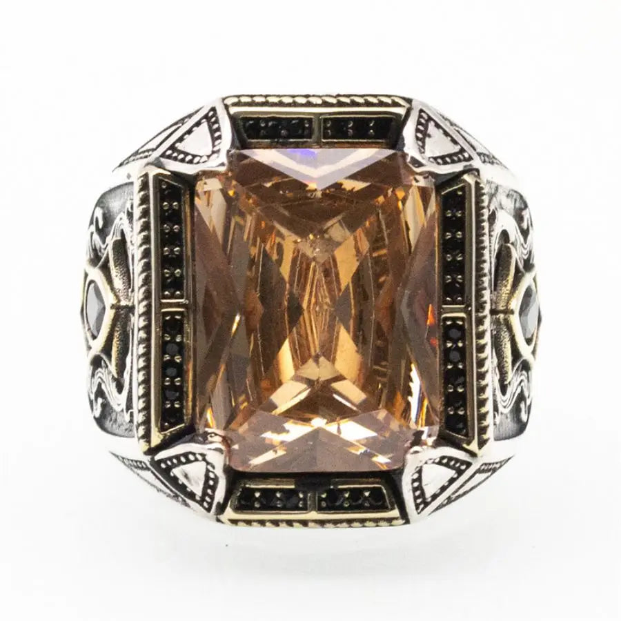 オリジナル925スターリングシルバーの圧倒的なトルコ風デザインメンズリング、ブラックキュービックジルコニアストーン付き