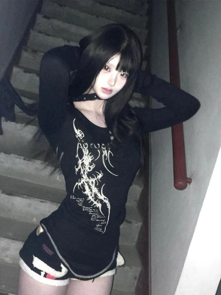 American Vintage Print T-shirt Women Aesthetic Punk Design Long Sleeve Gothic Y2k Tops Subculture Casual Retro Harajuku Tees