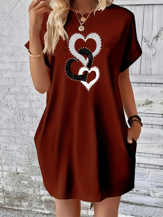 Women's summer loose plus size heart-shaped printed round neck short sleeved pocket comfortable casual dress