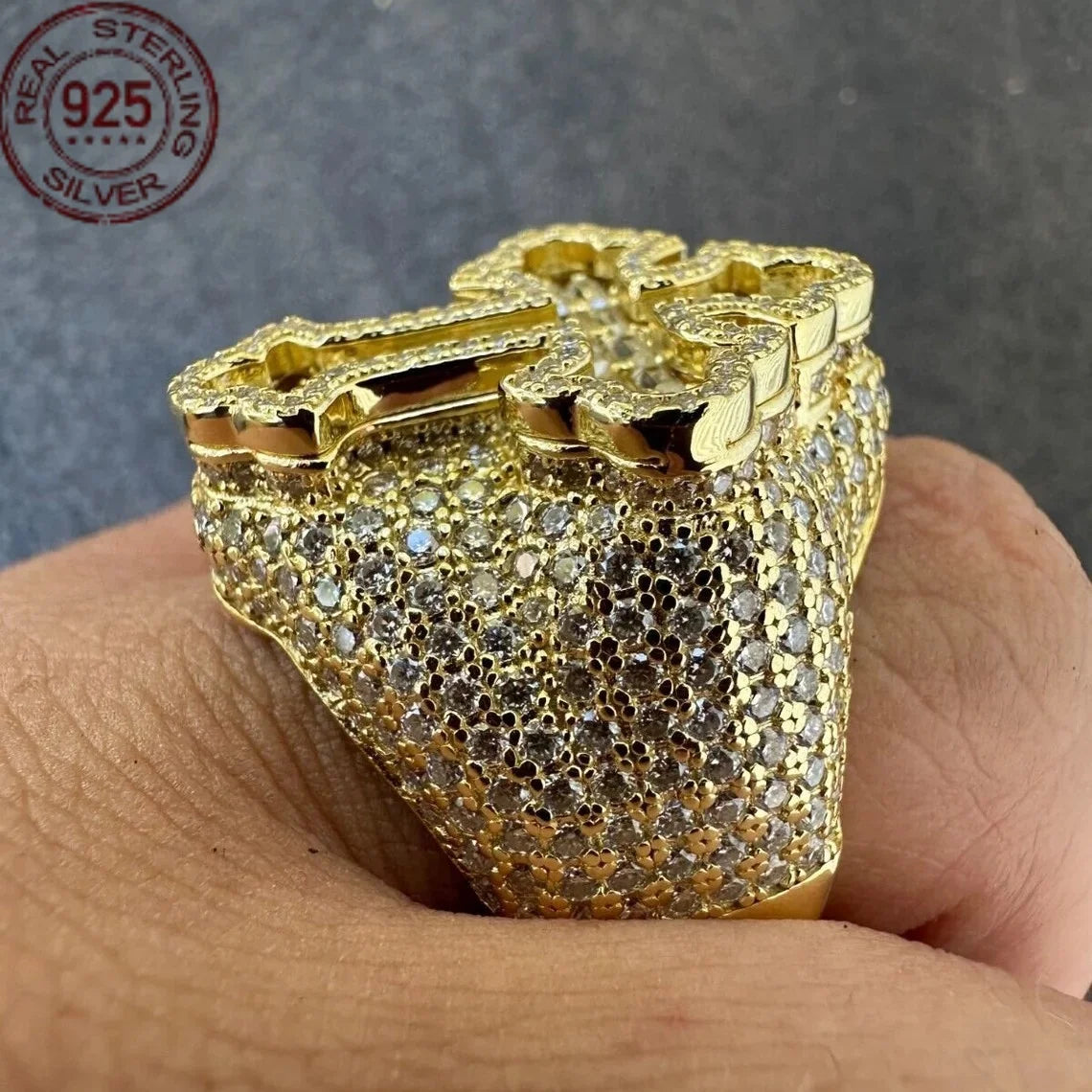 メンズ バゲット ゴールドメッキ 925 スターリングシルバー ゴシック クロスリング フルジルコン象嵌 高級 ヒップホップリング レトロジュエリー