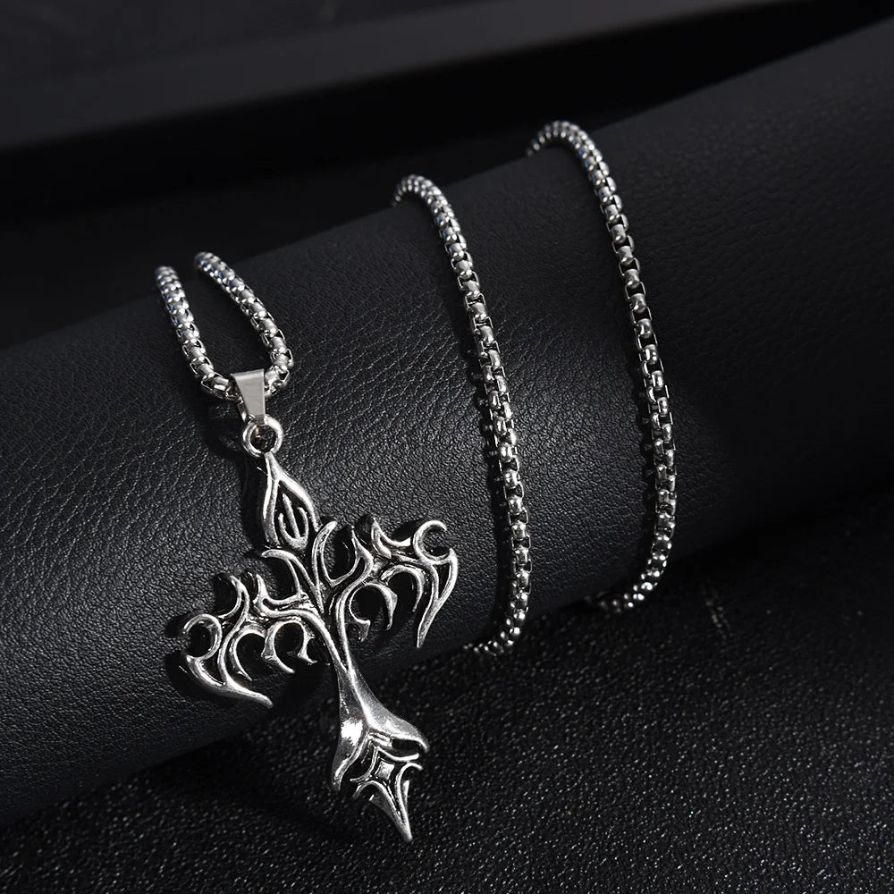 メンズファッション パンク フレイムクロスペンダントチェーンネックレス レディース 男性 ロングチェーン ヒップホップ ロック ゴシックジュエリーギフト