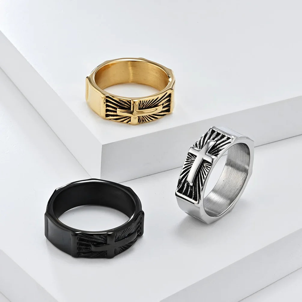 ヴィンテージ ホーリーライト クロスリング メンズ ステンレススチール タリスマンリング 宗教的信仰ジュエリー イースター ハロウィン 感謝祭ギフト