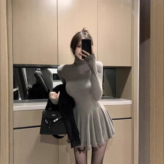 Slimming High Collar Long Sleeve Women's Dress Empire Waist Mini Skirt Base Layer Skirt Puffy Dress Fashionable Autumn New Arriv