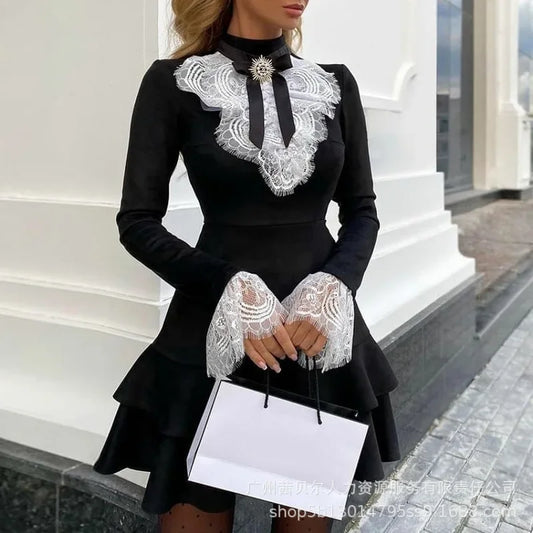 Women Lace Long Sleeve High Waist Mini Dress Summer Fashion Solid Color Dress A Line