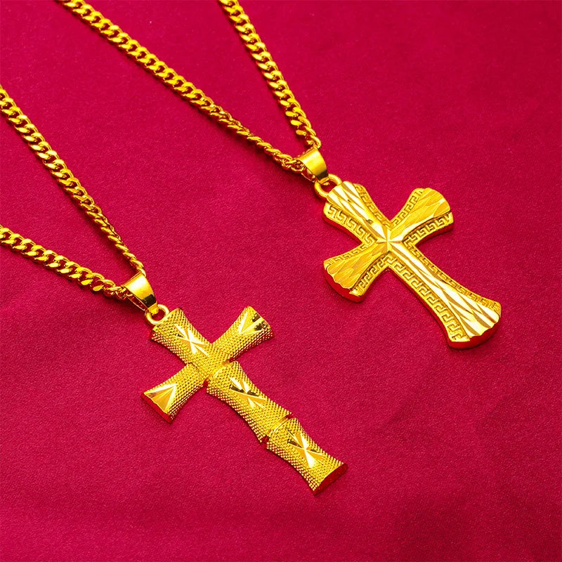Men's 24K Gold (AU999) Overbearing Cross Necklace | Openwork cross chain, micro-diamond glow with magnetic closure