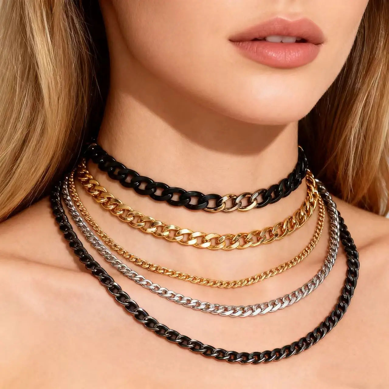 YQ ステンレススチール キューバ キューバリンクチェーンネックレス メンズ ゴスパンクアクセサリー ジュエリー ブラック ゴールド シルバーカラー