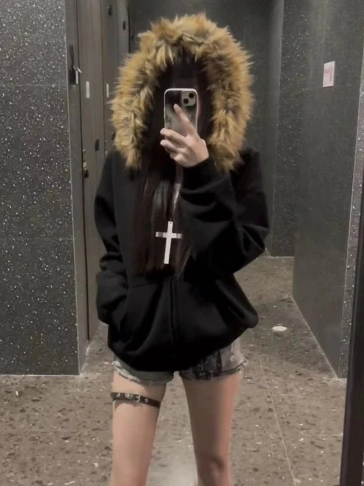 サブカルチャーゴシックコート、フード付き原宿プリントジャケット、2000年代アメリカンヴィンテージフェイクファースウェットシャツ、レディースカジュアルY2Kシック