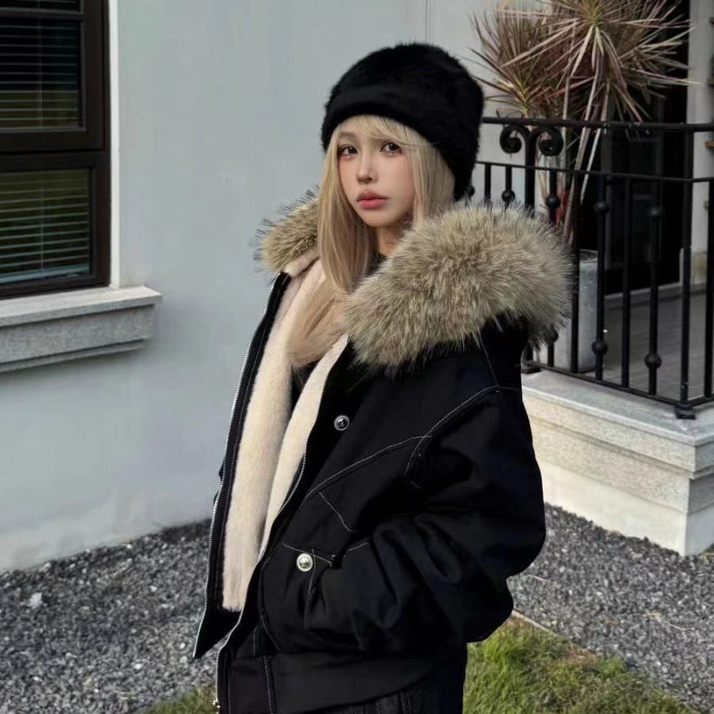 アメリカンスタイル レトロ ファーカラー イミテーションミンクファー フード付き コットンパッド入り ジャケット レディース&amp;メンズ ゴシック ヒップホップ カジュアル ジッパー パーカー