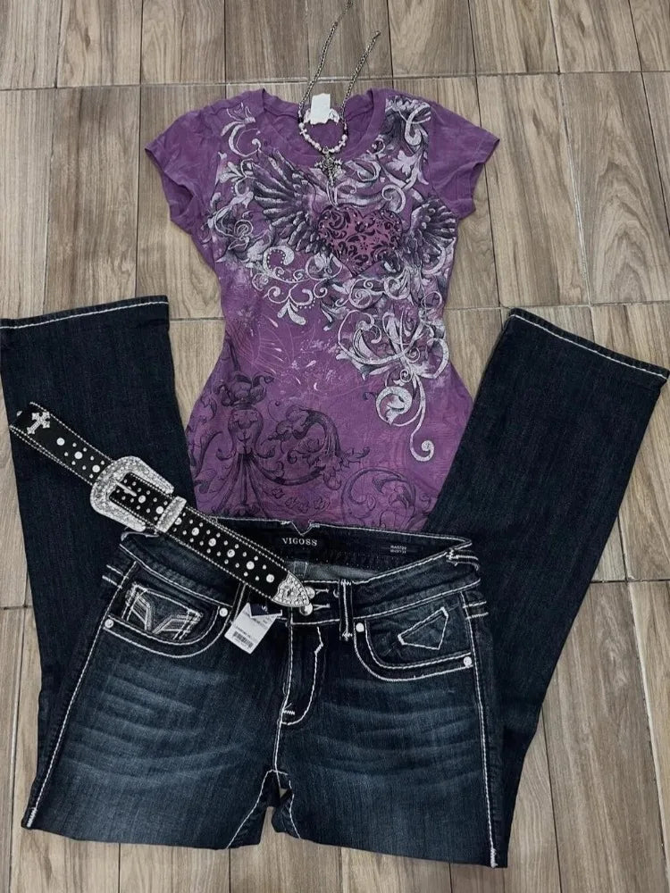 レディース サブカルチャー ヴィンテージ パープルプリント Tシャツ 夏 Y2K アメリカンレトロ スリムTシャツ カジュアル 原宿 グランジ ファッション トップス 新着