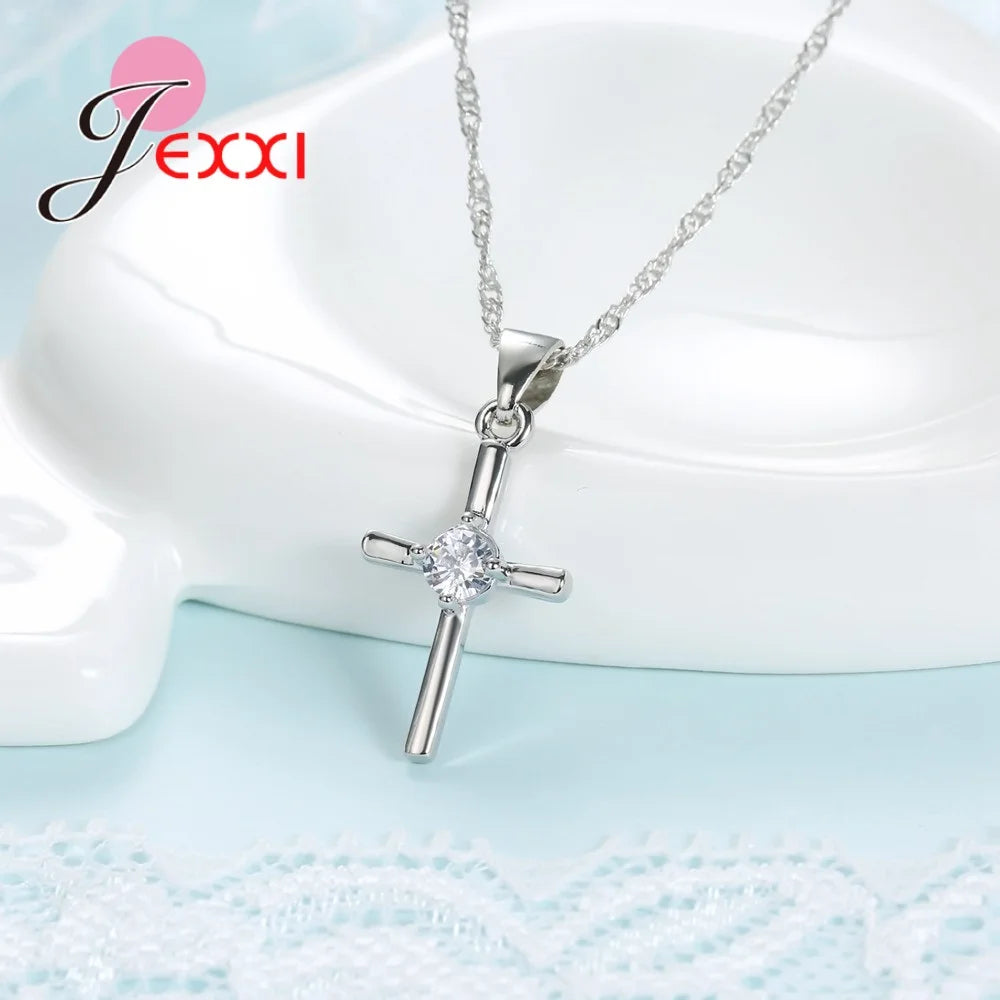 925 Sterling Silver Chain Cross Pendant Necklace Earrings Set Women Girl Bridal Wedding Accessories Female Bijoux Sets