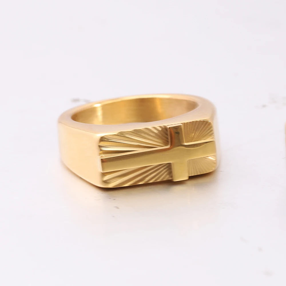 男性用ステンレススチール製クロスリング。シルバーとゴールドトーン、美しいサンバーストパターン。