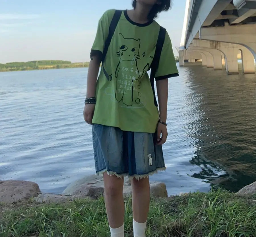 日本のサブカルチャー かわいい猫プリント 半袖Tシャツ レディース 夏 ヴィンテージ グリーン カジュアル ゆったり スウィートガール Y2K トップス