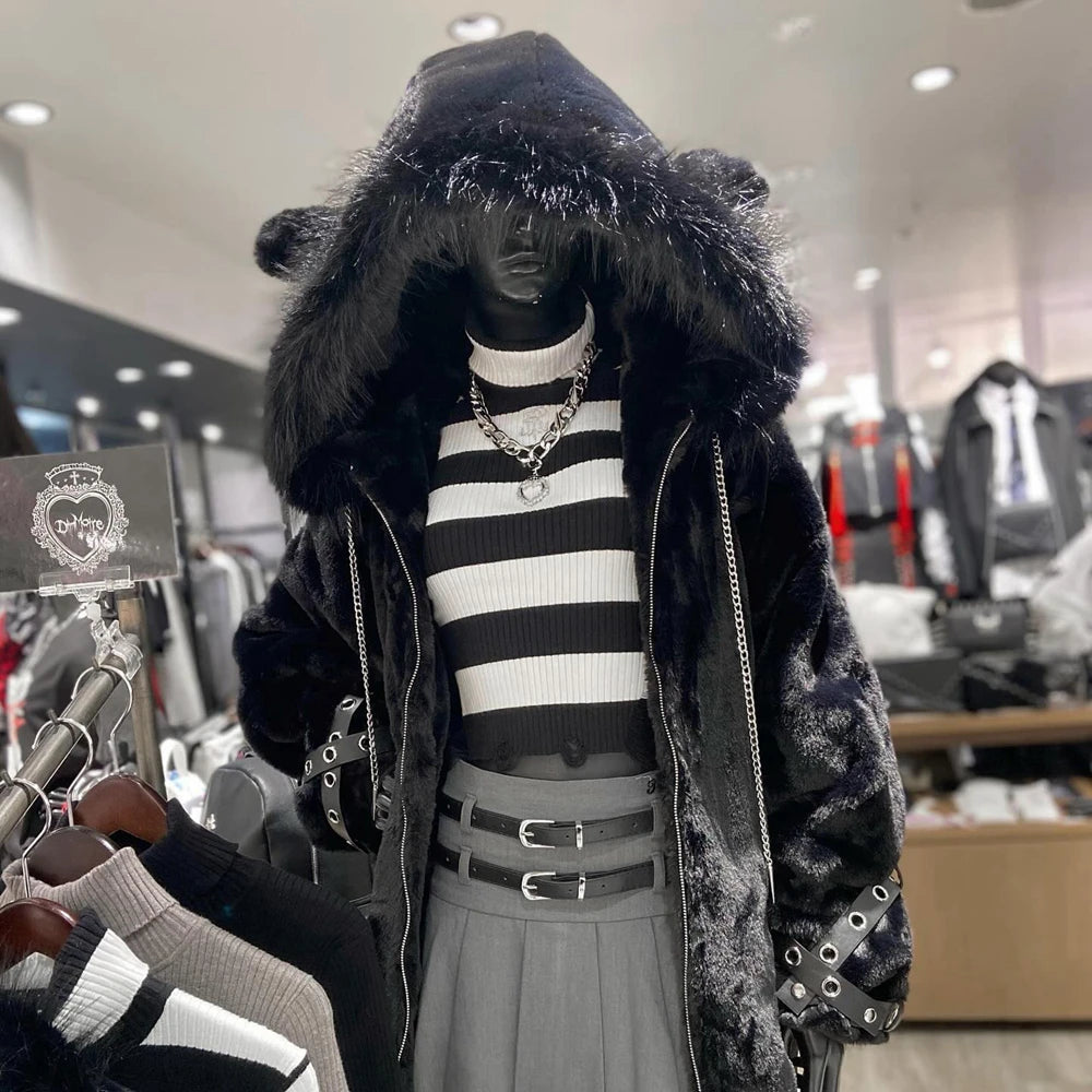 日本製マインシリーズ リベットクロス シープイヤー フード付きジャケット 冬物 新作 ゴスパンク ダークガールズ イミテーションファー プラッシュコート レディース