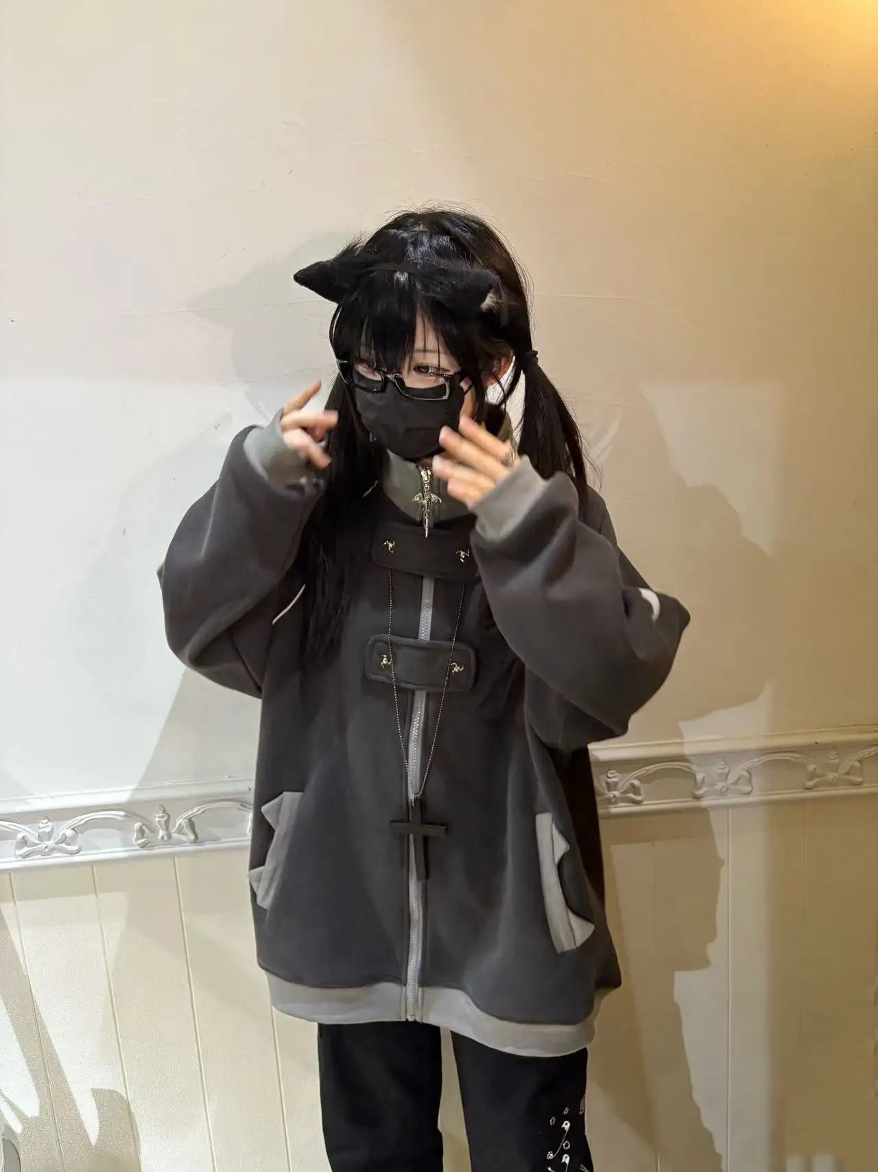 ファッションベルベットスタンドカラーサブカルチャー猫耳フード付きスウェットシャツジャケットオリジナルゴシック長袖ゆったり暖かいエレガントコート