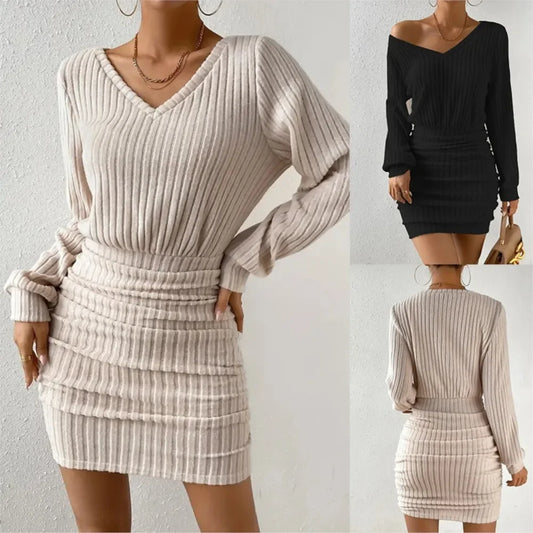 Women V Neck Ribbed Sweater Dress Y2K Long Sleeve Slim Bodycon Knitted Dresses Ladies Short Bodycon Dresses