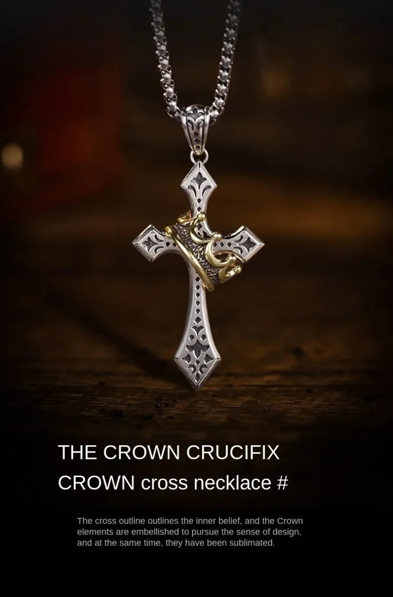 ファッションパンククラウンクロスネックレスメンズレトロヒップホップ銅カップルペンダントセーターチェーンジュエリーアクセサリーホリデーギフト