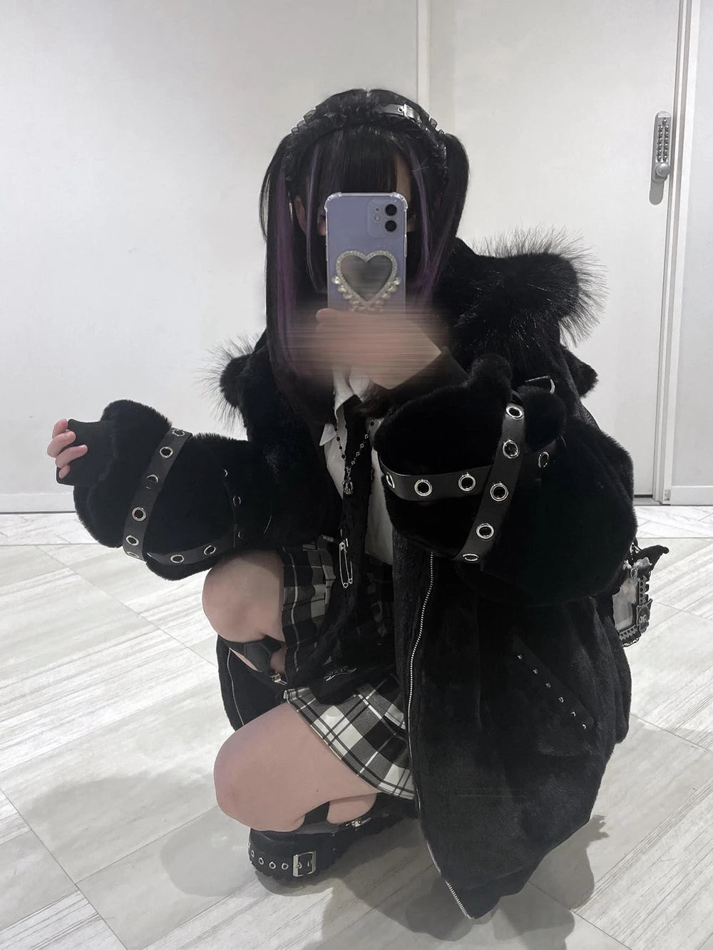 日本製マインシリーズ リベットクロス シープイヤー フード付きジャケット 冬物 新作 ゴスパンク ダークガールズ イミテーションファー プラッシュコート レディース