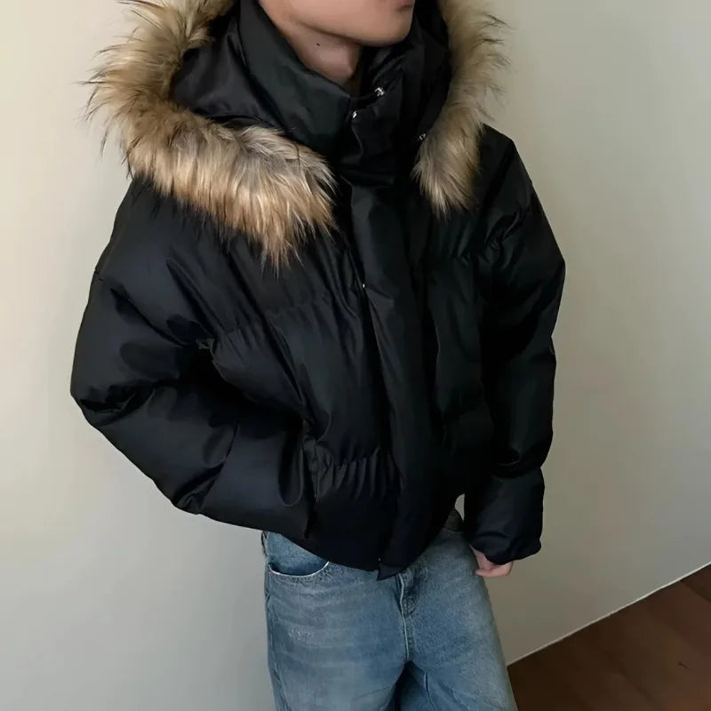 2024年アメリカンニューファッション無地ファーカラーフード付きコットンパッド入りジャケットレディースY2K原宿ゴシックヒップホップポップジャケットコート
