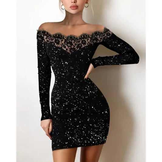 Slash Lace Sexy Spicy Elegant Black Sheer Shiny Sequins Long Sleeve Party Slim Fit Hollow Enveing Gown Summer Women Mini Dresses