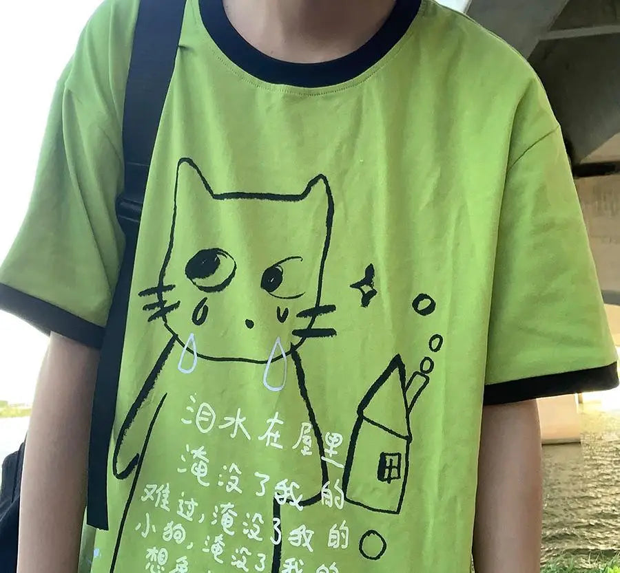 日本のサブカルチャー かわいい猫プリント 半袖Tシャツ レディース 夏 ヴィンテージ グリーン カジュアル ゆったり スウィートガール Y2K トップス