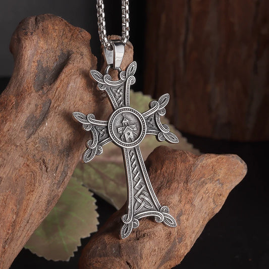 Stylish Valknut Celtic Cross Pendant Necklace Armenian Cross or Khachkar Cross Jewelry for Men