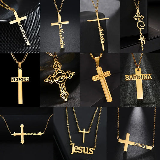 クロスシェイプネックレス カスタムネームペンダント レディース ステンレススチール パーソナライズネームプレート 誕生日ジュエリーギフト アクセサリー