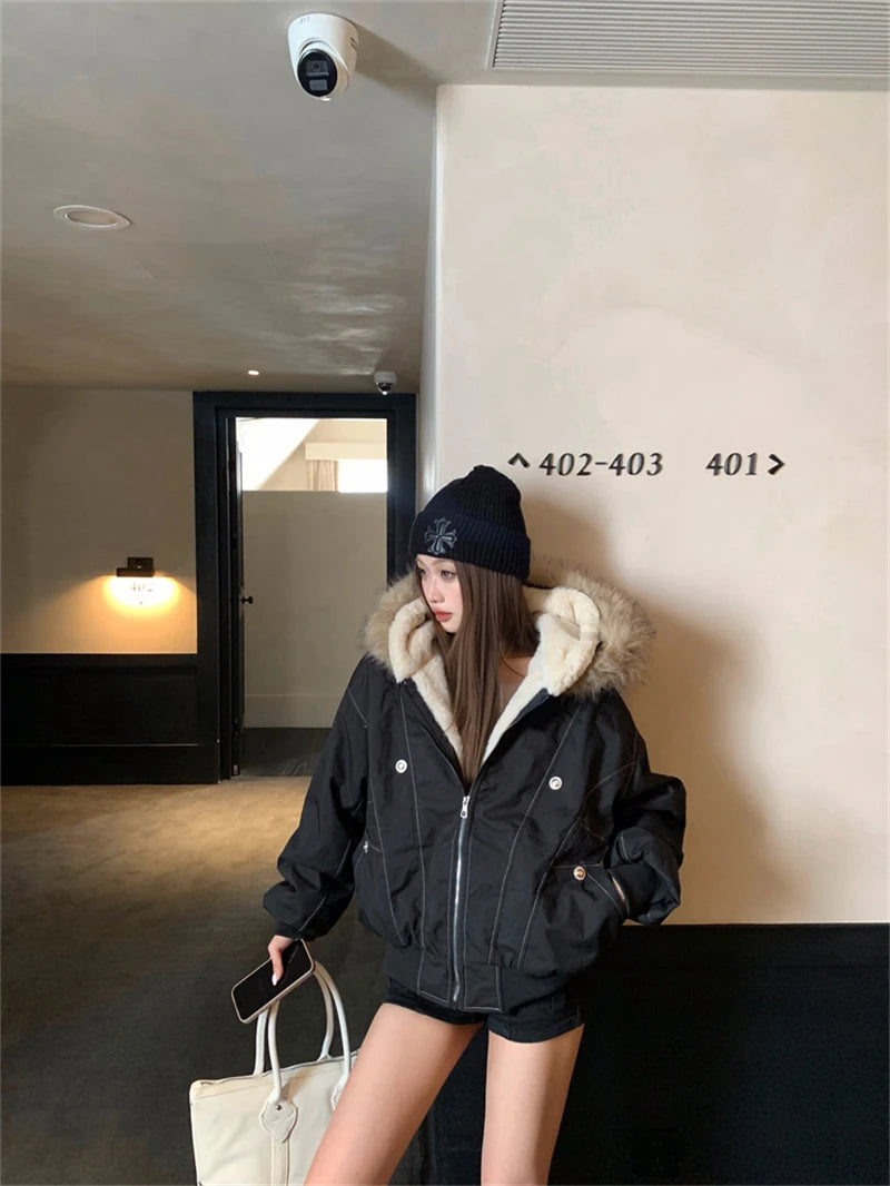 ZAROY レディース&amp;メンズ 冬用ジャケット Y2K ストリートウェア ファーカラー フード付き カジュアル ルーズコート 暖かい 原宿系 パーカー ゴシック パーカー куртк