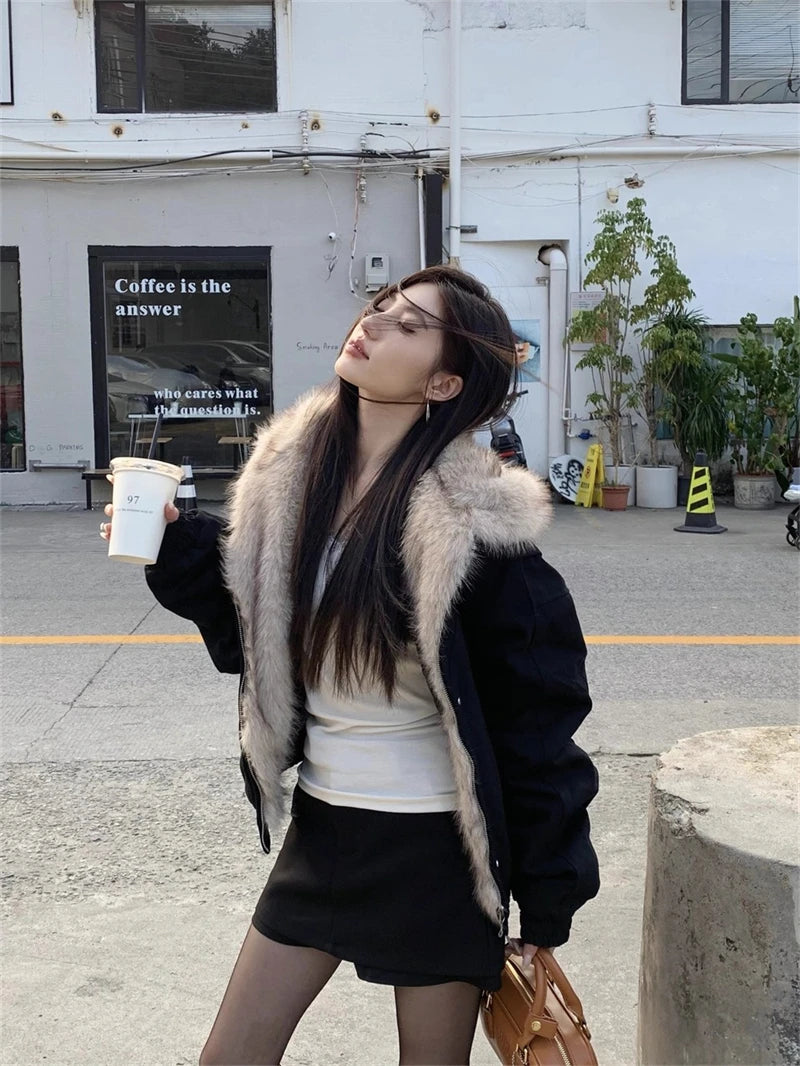 ZAROY レディース&amp;メンズ 冬用ジャケット Y2K ストリートウェア ファーカラー フード付き カジュアル ルーズコート 暖かい 原宿系 パーカー ゴシック パーカー куртк