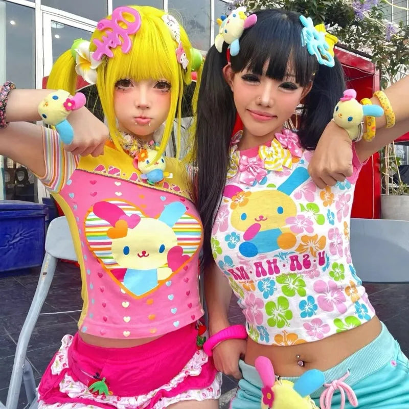 日本のレトロドーパミン半袖Tシャツかわいい漫画ウサギプリントTシャツ夏レディーススリムスイートサブカルチャー服トップス