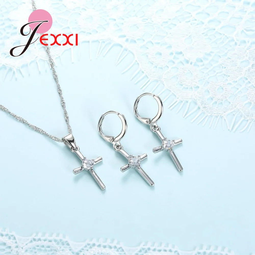 925 Sterling Silver Chain Cross Pendant Necklace Earrings Set Women Girl Bridal Wedding Accessories Female Bijoux Sets