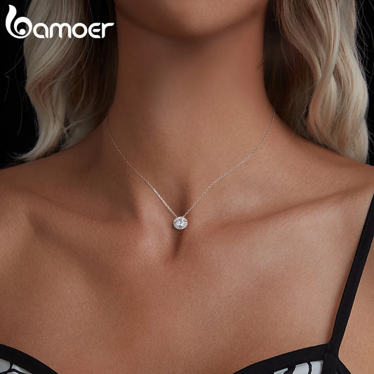 BAMOER 925 Sterling Silver Round Halo Moissanite Necklace, White Gold Plated Classic Elegant Necklace Engagement Jewellry Gift