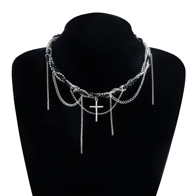 クロスペンダントネックレス レディース 軽量 高級 タッセル 鎖骨チェーン クールチョーカー 絶妙なファッションネックレス ジュエリーギフト