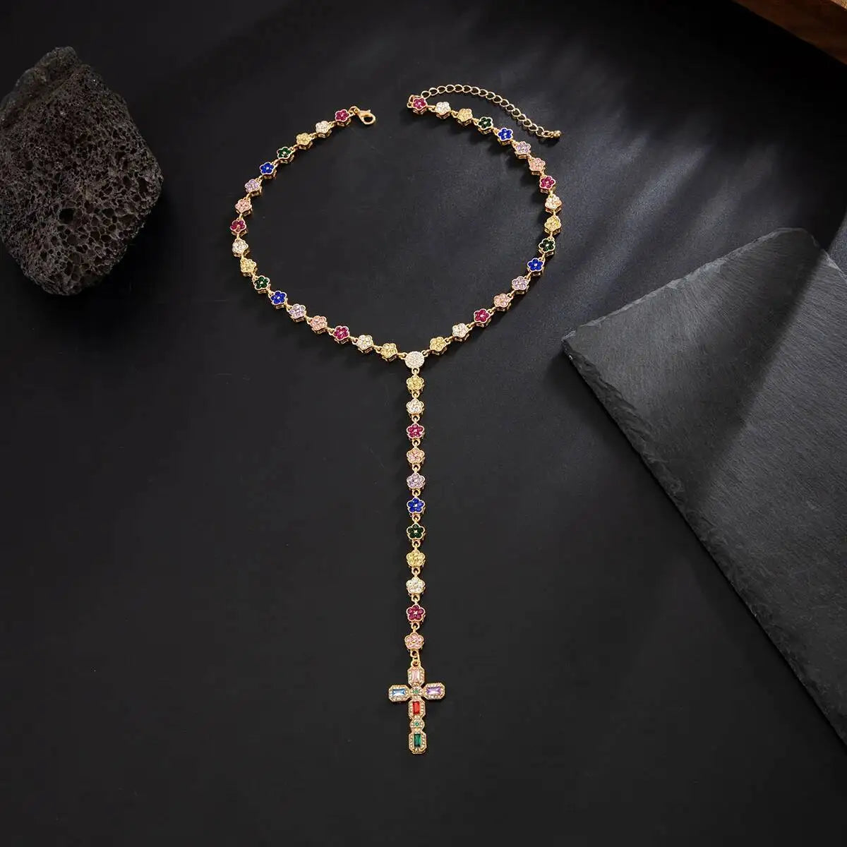 高級カラフルラインストーン イエス・キリスト 十字架ペンダントネックレス Y2K ヒップホップスタイル ユニセックス カップルチョーカー ファッションジュエリー メンズ